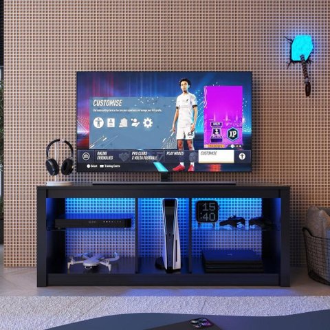 Rack para TV até 55 Polegadas Gamer com LED e 2 Prateleiras de Vidro Multimóveis Crpro-RCK030 Preto