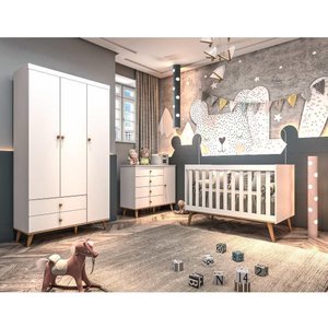 Quarto de Bebê Retrô Lígia Berço 3 em 1 Ludmila Guarda Roupa 3 Portas Cômoda Infantil 4 Gavetas