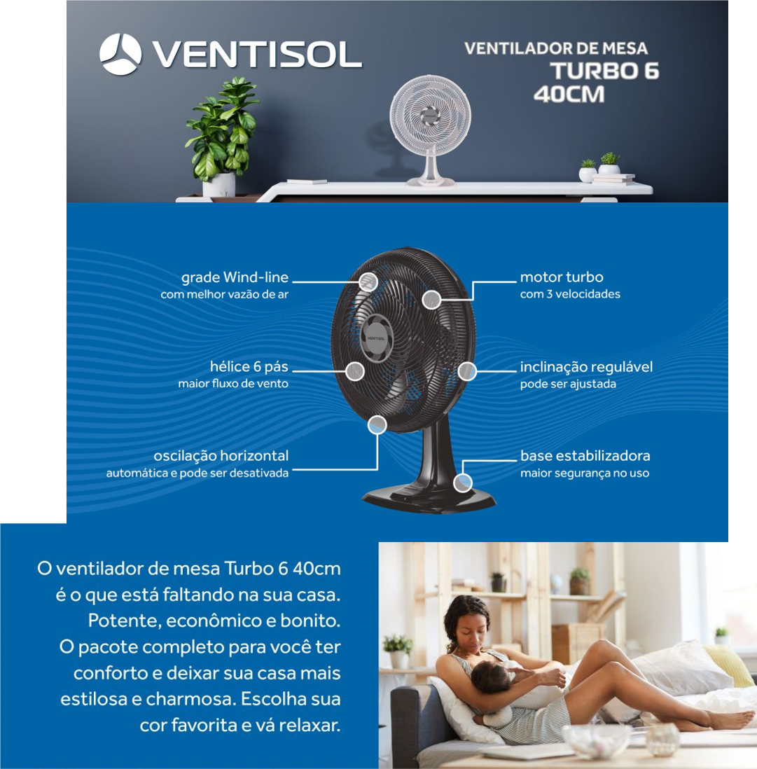 Ventilador Mesa Preto Turbo 40cm 6p Econômico Ventisol 80w:127v - 10