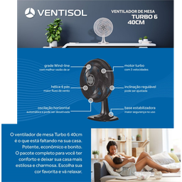 Ventilador Mesa Preto Turbo 40cm 6p Econômico Ventisol 80w:127v - 10 Ventilador Mesa Preto Turbo 40cm 6p Econômico Ventisol 80w:127v - 10