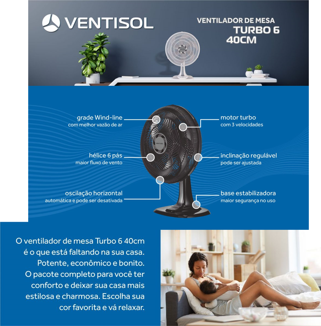 Ventilador Mesa Preto Turbo 40cm 6p Econômico Ventisol 80w:127v - 11