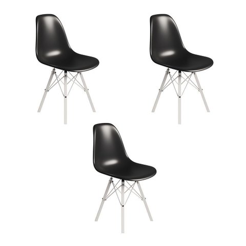 Conjunto 3 Cadeiras Eames Tubo Ferro Branco Assento Preto