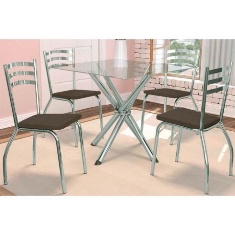 Sala de Jantar Completa Volga C/ Tampo de Vidro 90cm e 4 Cadeiras Portugal Cromada - Courano Marrom