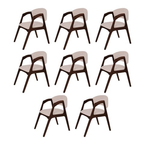 Conjunto com 8 Cadeiras de Jantar Estofada Gabriela em Madeira e Mdf Castanho Linho Bege