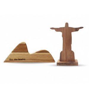 Enfeite Decoração Estátua Artesanal Cristo Redentor e Pão de Açucar em Madeira Teca