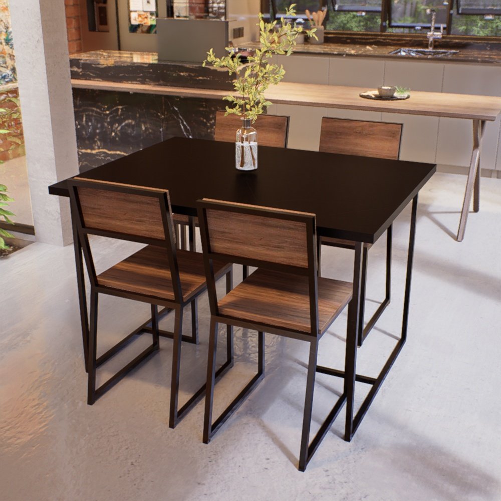Conjunto Mesa de Jantar Retangular Preta 4 Cadeiras Imbuia Riviera Industrial Preto Don Castro Decor