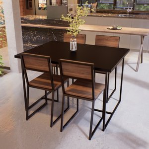 Conjunto Mesa de Jantar Retangular Preta 4 Cadeiras Imbuia Riviera Industrial Preto Don Castro Decor