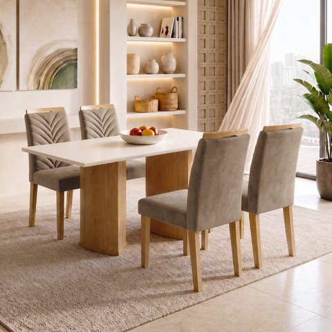 Conjunto Sala de Jantar 4 Lugares Retangular Tampo MDF 120x80cm Mesa Isla e Cadeiras Carol