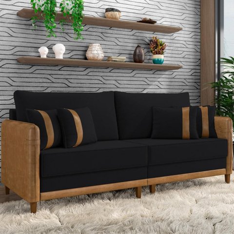 Sofá 3 Lugares Sala de Estar Living 192cm Asbury K01 Veludo Preto Couríssimo Camel - Lyam Decor