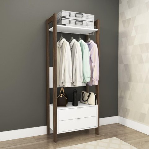 Estante Multiuso 2 Gavetas e Cabideiro Tecno Mobili Branco/Nogal