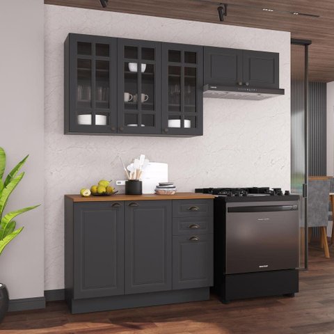 Cozinha Modulada Compacta Americana 100% MDF 200cm com Rodapé Provence Multimóveis Crink-CPT011
