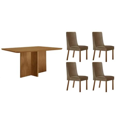 Sala Jantar Mesa Berlim Tampo Curvo 120cm+4 Cadeiras Dakota Madeira Naturale - Capuccino/suede