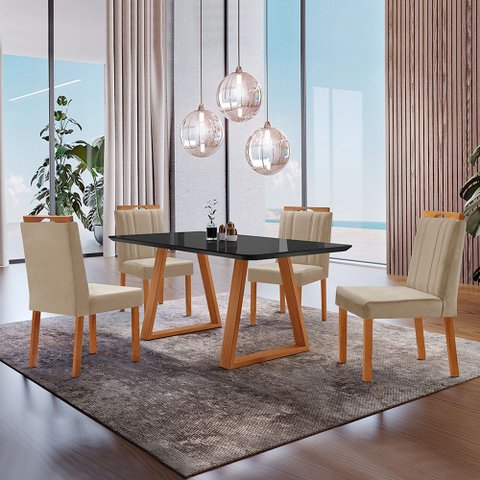 Conjunto Sala de Jantar Mesa Viena Madeira Maciça 140x80cm Tampo Retângular Vidro Preto com 4 Cadeir