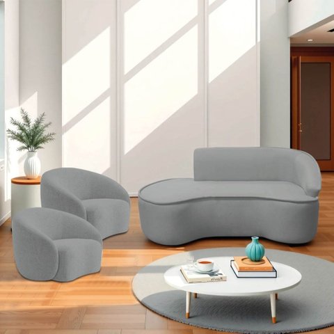 Kit Divã Recamier Orgânico Marrocos 180cm Lado Esquerdo e 2 Poltronas Amore Bouclé Cinza