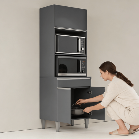 Armário Torre Quente Maia P/ Cozinha Modulada Forno Microondas 60cm Moderno Compacto 3 Portas 1 Gave