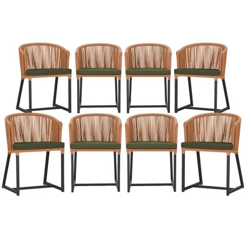 8 Cadeiras de Jantar Área Noronha em Alumínio com Pintura Preta Corda Náutica Estofado 13 Trama Orig