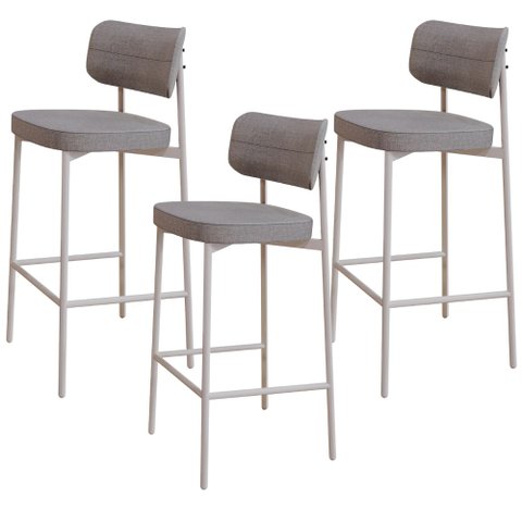 Kit 03 Banquetas Alta Bar Cozinha Sala de Jantar Aço Branco Kaira C01 Linho Cinza - Lyam Decor