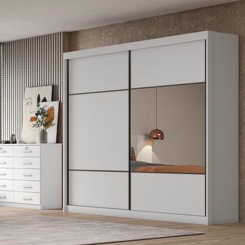 Guarda Roupa Casal 2 Portas 6 Gavetas 100% MDF com Espelho Blumenau Branco/Neve