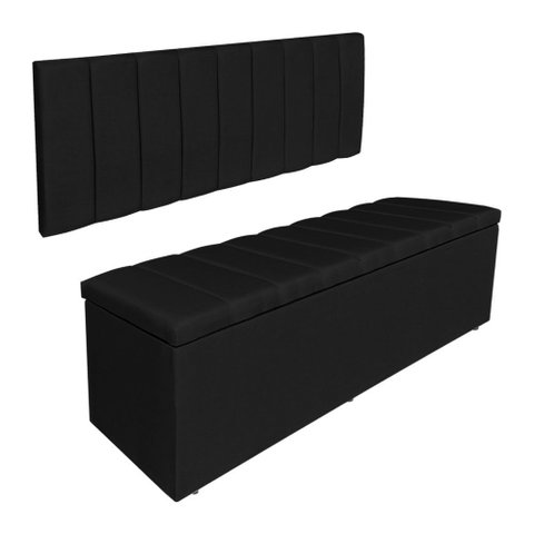 Kit Cabeceira Painel e Calçadeira Baú Casal 1,40m Londres Suede Preto Dal Poz Estofados
