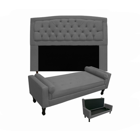 Jogo Cabeceira Geovana + Calçadeira Fênix Solteiro 90cm Suede Cinza - LM DECOR