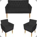Ver imagem 1 de Kit Namoradeira Decorativa Para Sala Capitonê Com Base + 2 Poltronas Para Recepção Suede
