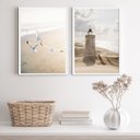 Ver imagem 2 de Kit 2 Quadros Praia Branco e Bege- Gaivotas e Farol 33x24cm - com Vidro:madeira Preta