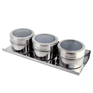 Porta condimentos 3 potes magnéticos com base em aço inox