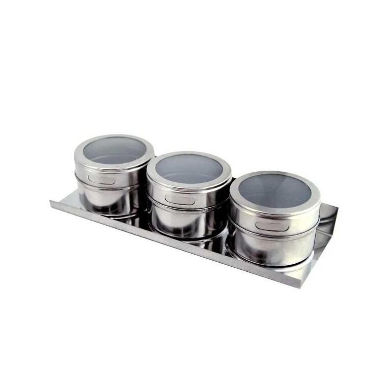 Porta condimentos 3 potes magnéticos com base em aço inox