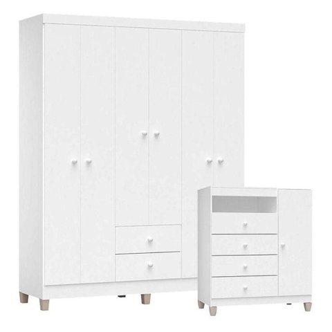 Cômoda e Guarda Roupa 6 Portas Baby Kids Branco Brilho - Incorplac