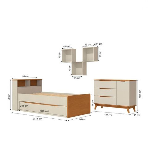 Quarto Infantil com Cama Auxiliar CB1502 1 Porta 3 Gavetas MDP BP 214cm Argila-Jequetiba Kappesberg