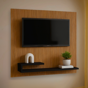 Rack Ripado 3d Painel para Tv 32 Polegadas com Prateleira Organizadora Suspensa Preta Moderno Mdf