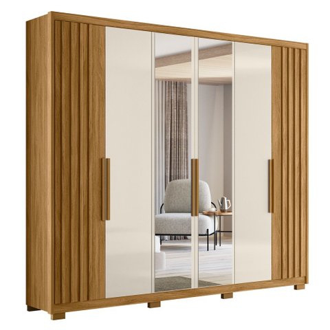 Guarda Roupa Casal com Espelho 6 Portas 260cm Gaia M07 Freijó/off White - Mpozenato