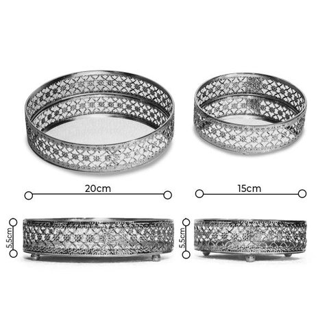 Conjunto Bandejas Redonda Borda Detalhada Cor Prata