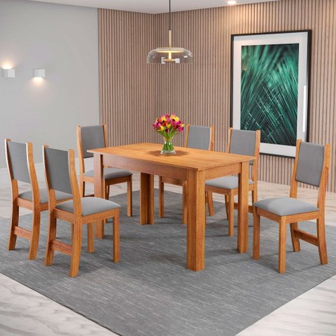 Mesa de Jantar 6 Lugares Valentina Mel/veludo Cinza - Pnr Móveis