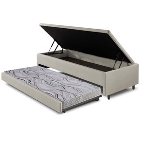 Bicama Box com Baú Solteiro Courino Linho Areia 88x188 com Colchão Auxiliar Ecoflex