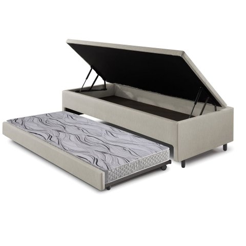 Bicama Box com Baú Solteiro Courino Linho Areia 88x188 com Colchão Auxiliar Ecoflex