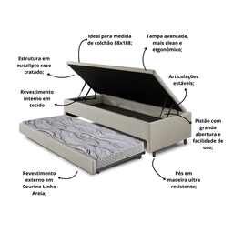 Bicama Box com Baú Solteiro Courino Linho Areia 88x188 com Colchão Auxiliar Ecoflex - 4