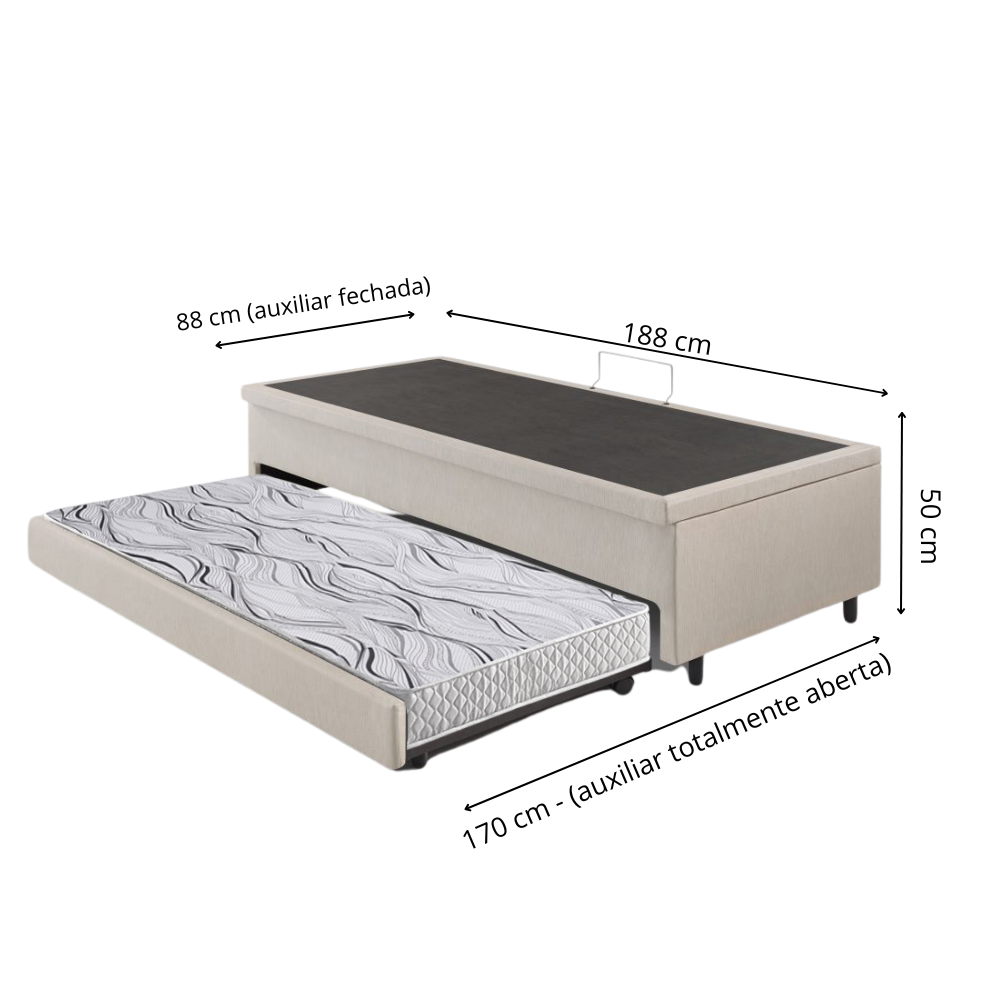 Bicama Box com Baú Solteiro Courino Linho Areia 88x188 com Colchão Auxiliar Ecoflex - 3