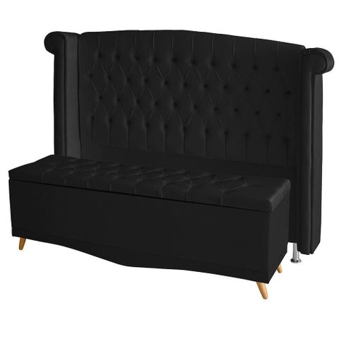 Kit Cabeceira de Cama Box e Calçadeira Baú Luxo King 195 Cm Suede Preto do Lar Móveis