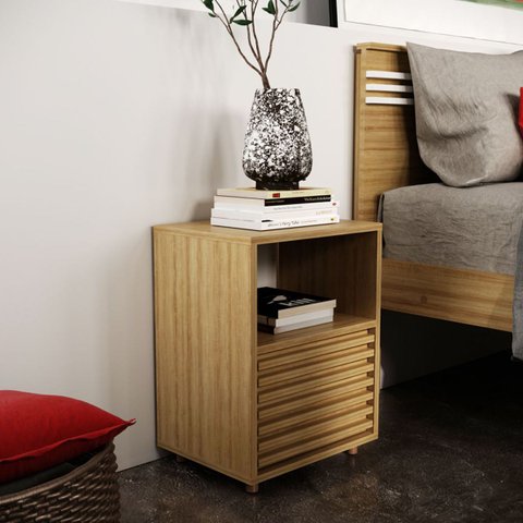 Mesa de Cabeceira com 1 Gaveta e Detalhe Ripado Cm8042 Amêndoa Tecno Mobili - Amendoa