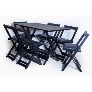 Mesa Dobrável com 6 Cadeiras Estofadas 120x70 Preto