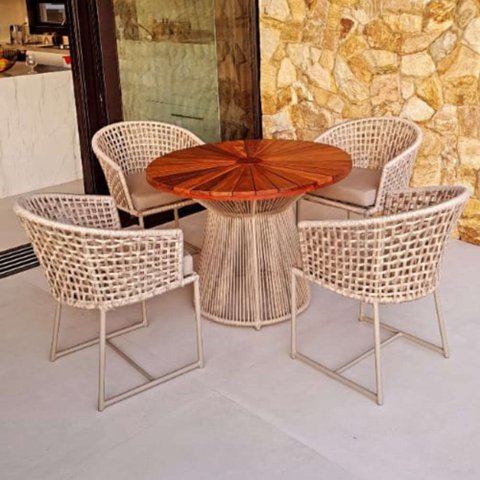 Conjunto de Mesa em Corda Náutica Jasmin - 4 Cadeiras + 1 Mesa - Tecido Duna Deserto