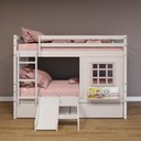 Ver imagem 1 de Beliche Infantil com Janela Gavetas Escorregador e Cortina Madeira Maciça Branco/ Rosa Housin