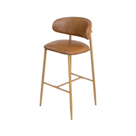 Banqueta Bela Napoli Assento Encosto Revestido em Pu Caramelo Estrutura Metal Pintura Madeira Clara