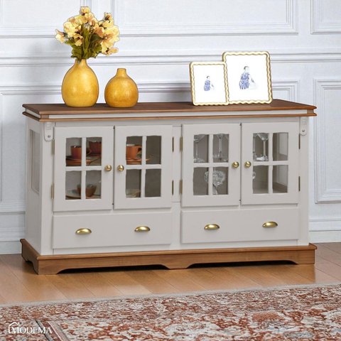 Balcão Buffet 4 Portas 2 Gav. Prateleiras em Vidro Manchester 2041 Linz Móveis - Off White/imbuia