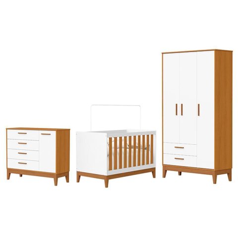 Dormitório Infantil Flip Guarda Roupa 3 Portas, Cômoda 1 Porta e Berço Branco Fosco/savana -