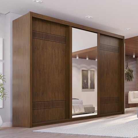 Guarda Roupa Casal 3 Portas de Correr 6 Gavetas com Espelho 103 Palissy Marrom/Âmbar