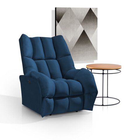 Poltrona do Papai Reclinável Elétrica Rayka Veludo Azul Marinho Base em Ferro