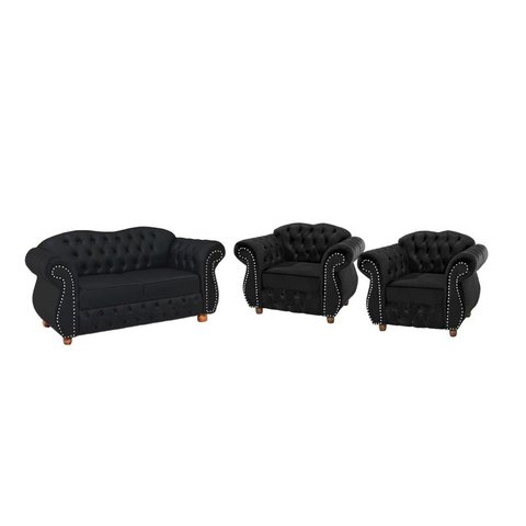 Conjunto Chesterfield Merlo Namoradeira c/ 2 Poltronas - Veludo Preto / decoração, recepção, sala tv