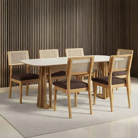 Mesa de Jantar Retangular 180cm com 6 Cadeiras 100% Mdf Cor:off White com Freijó e Veludo Slim Onix